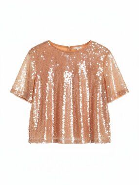LOFT Rose Gold Champagne Sequin Short Sleeve Top Party Blouse New Years Eve